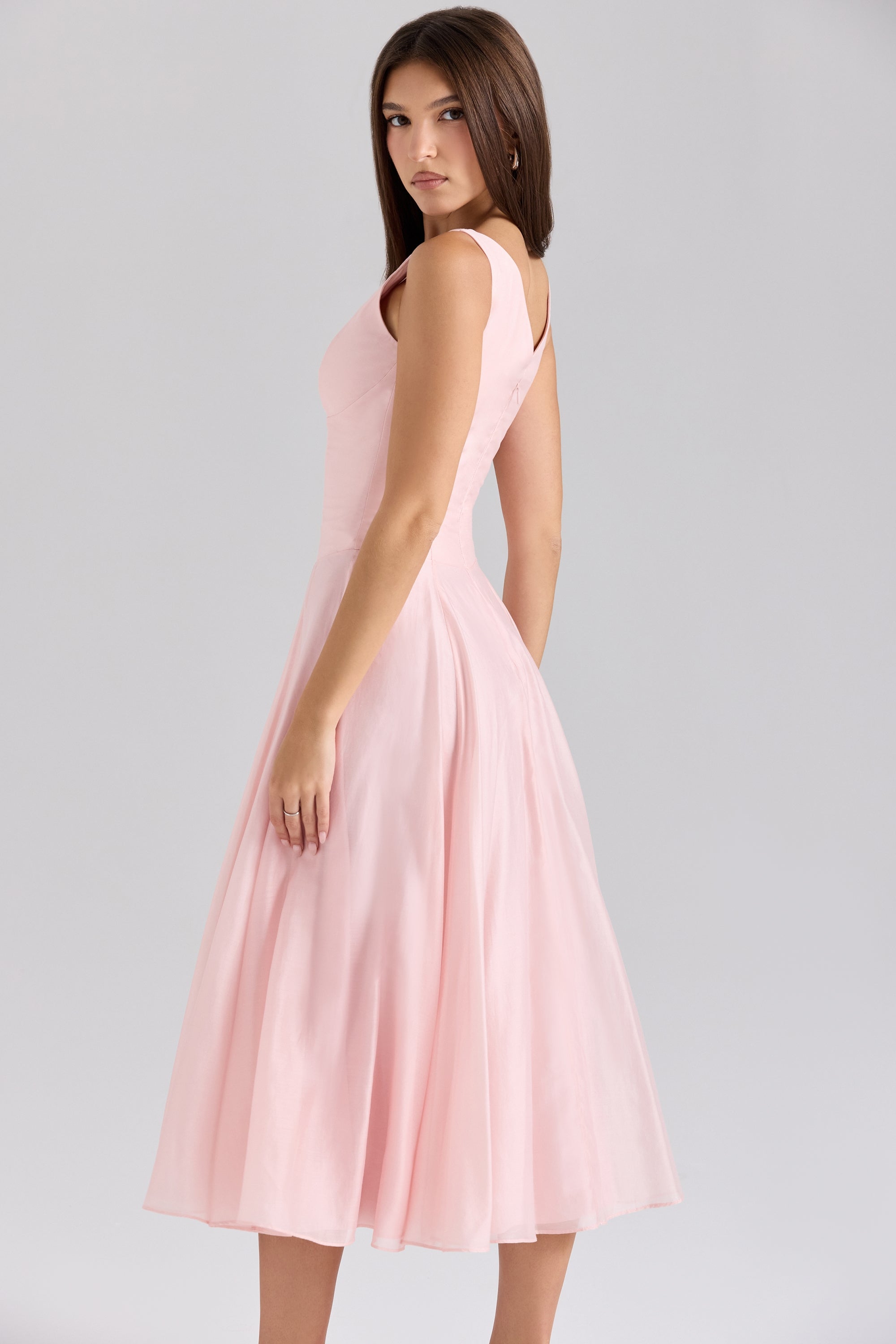 Samira-Pink Chiffon Button Midi Dress