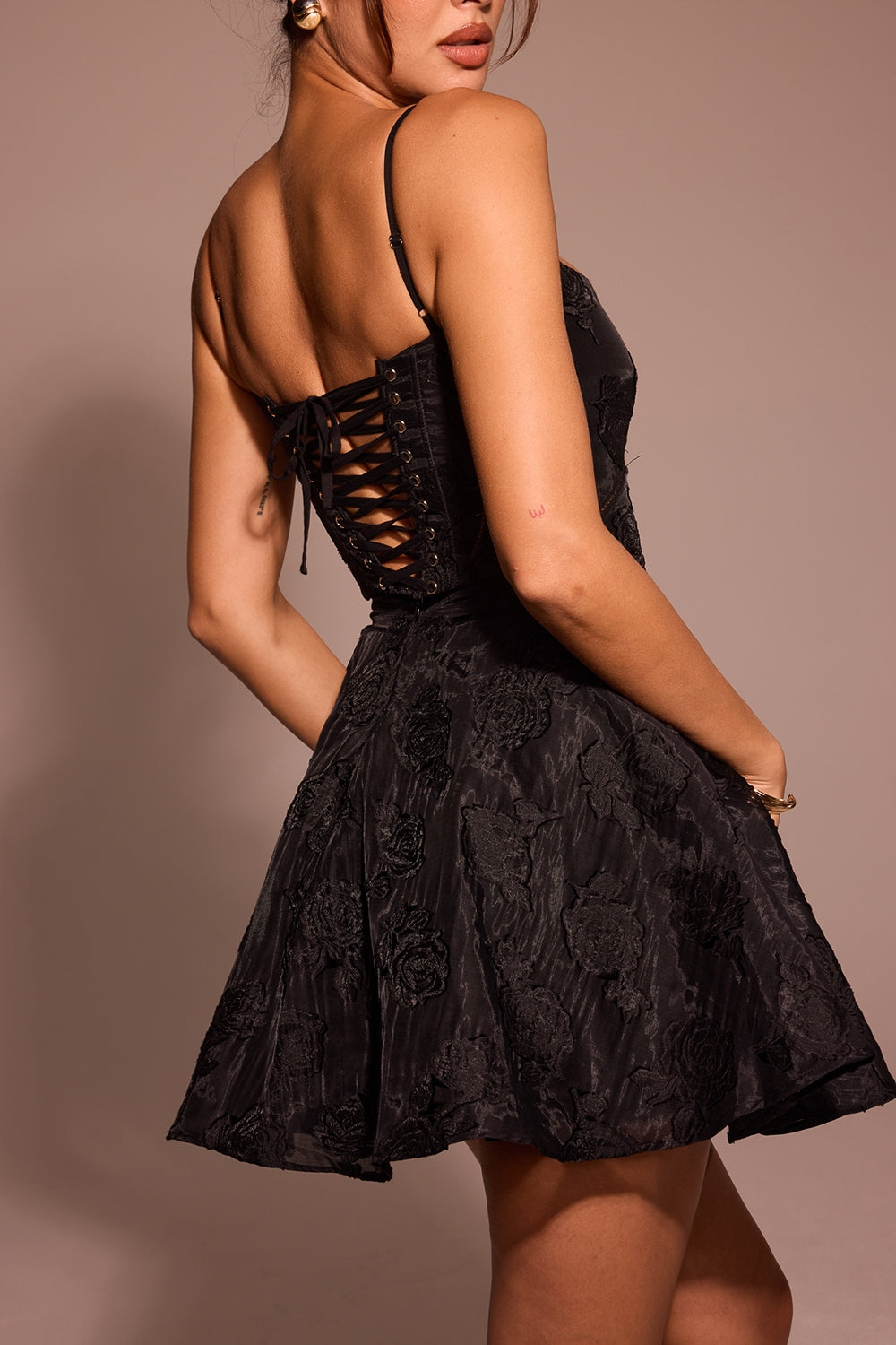 Serenita-Black Floral Lace Back Mini Dress