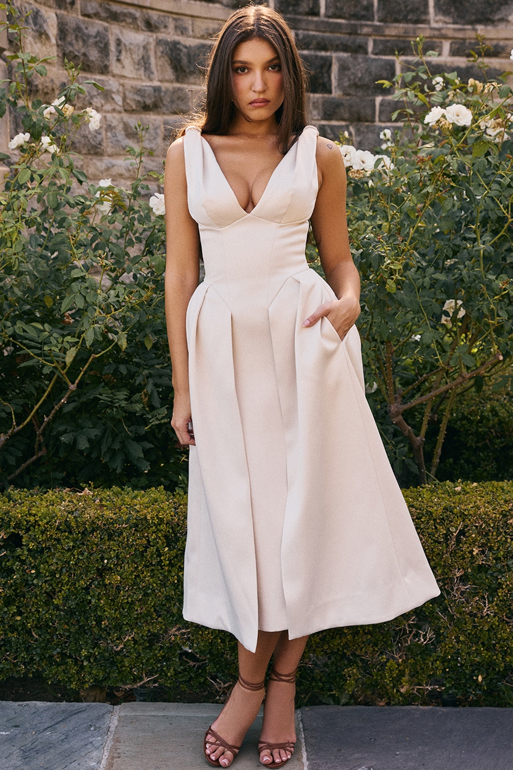 Paloma-Vintage Cream Satin Pleated Midi Dress - SALE