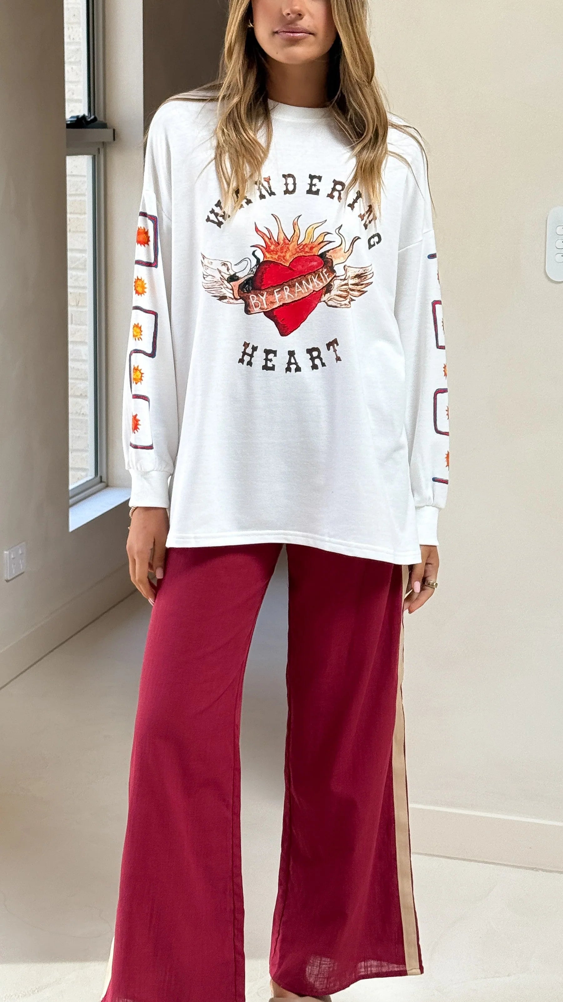 Wandering Heart Long Sleeve Top and Pants Set - Dark Red