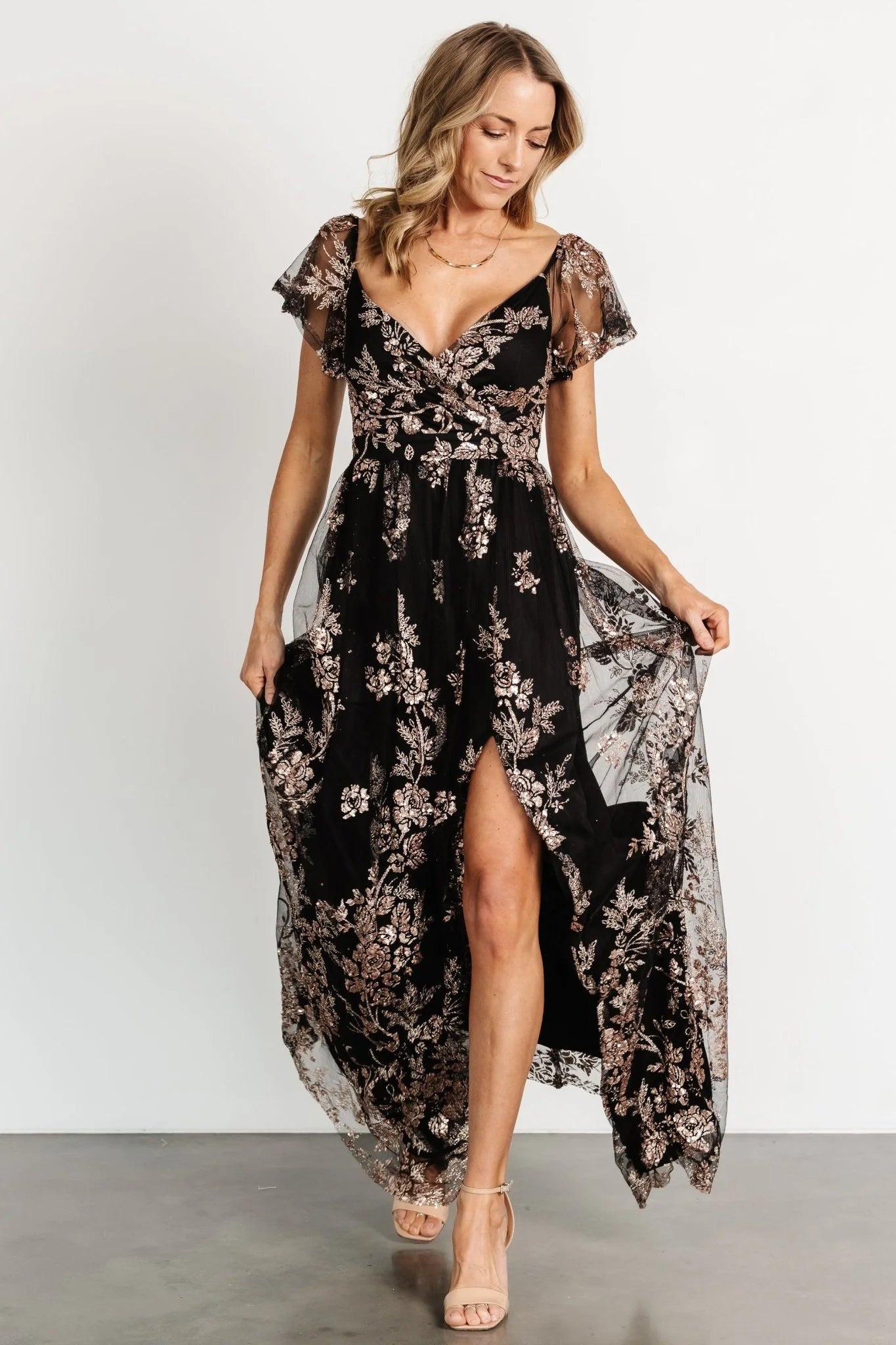 Corinne Shimmer Maxi Gown | Black + Rose Gold