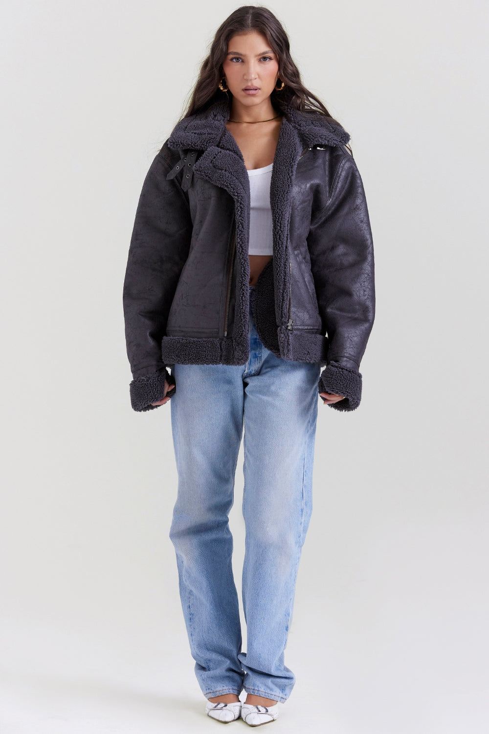 Madden-Grey Vegan Shearling Aviator Jacket