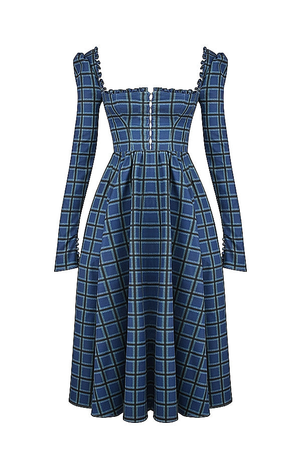 Delia-Blue Tartan Midi Dress