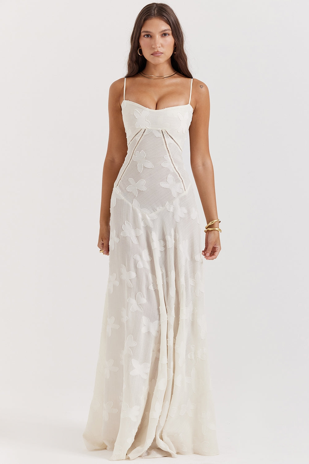 Seren-Vintage Cream Floral Lace Back Maxi Dress