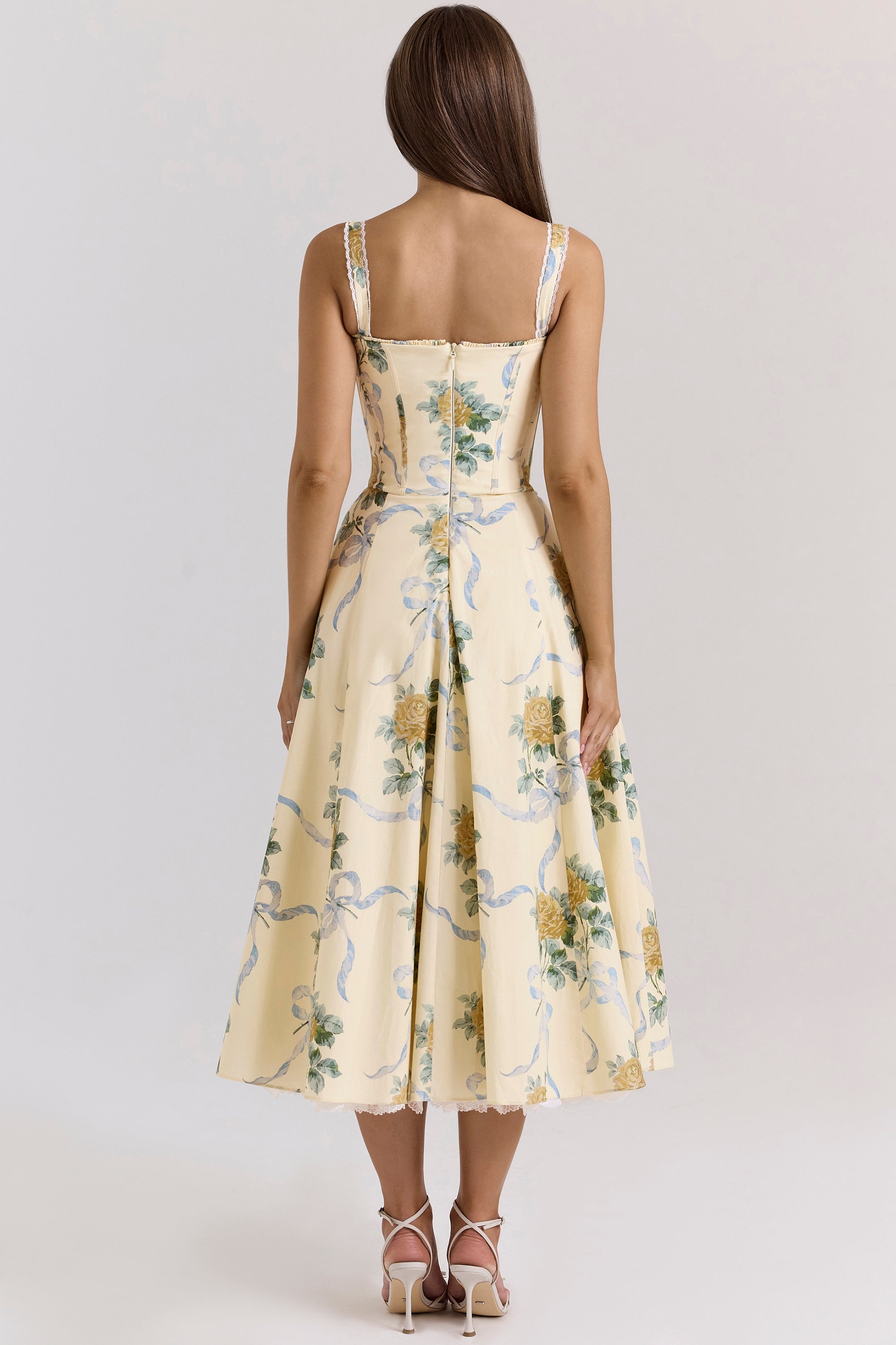 Rosalee-Lemon Vintage Ribbon Print Cotton Midi Dress