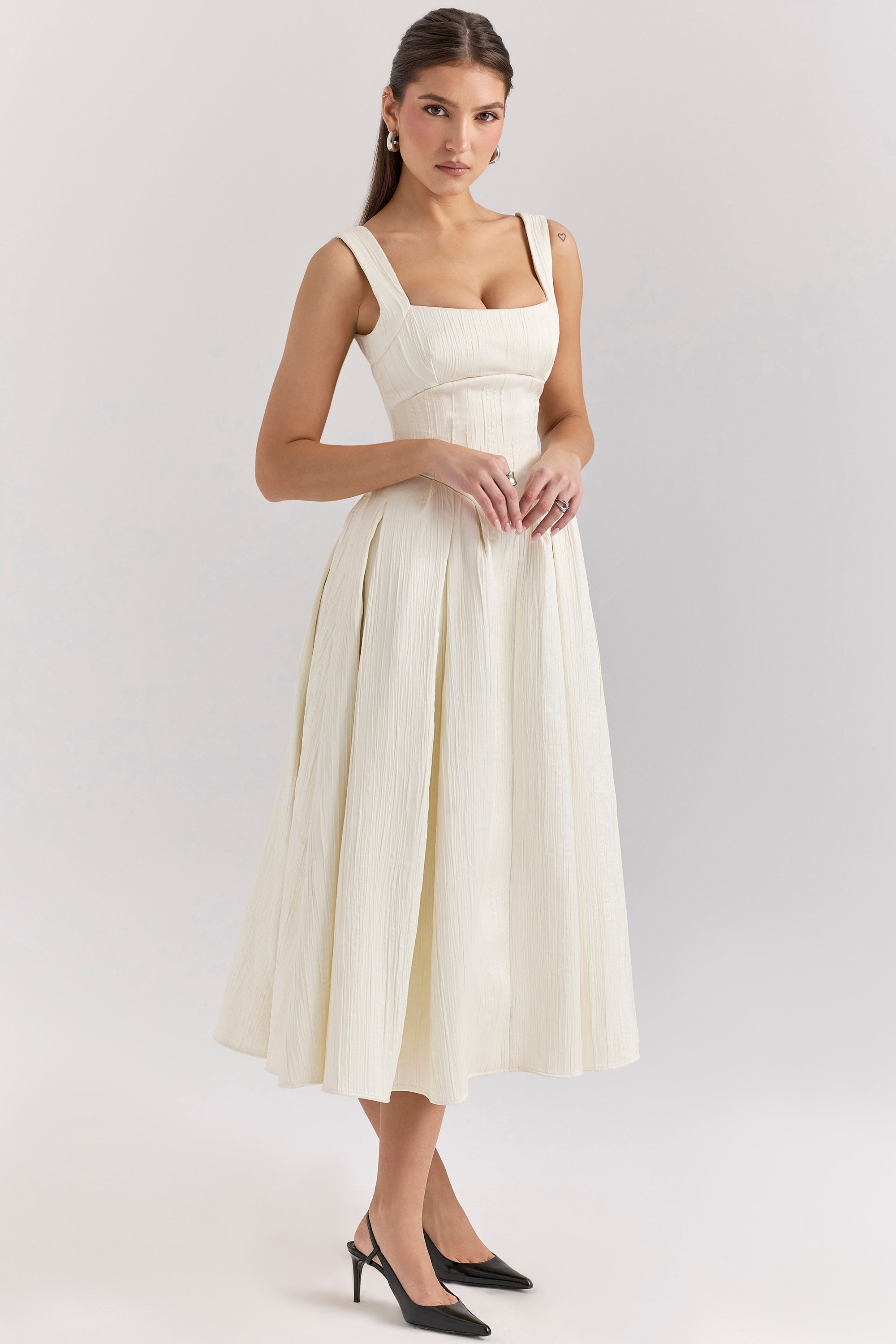 Isabeau-Ivory Textured Satin Corset Midi Dress