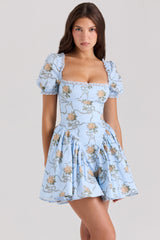 Rosie-Blue Rose Print Cotton Mini Dress