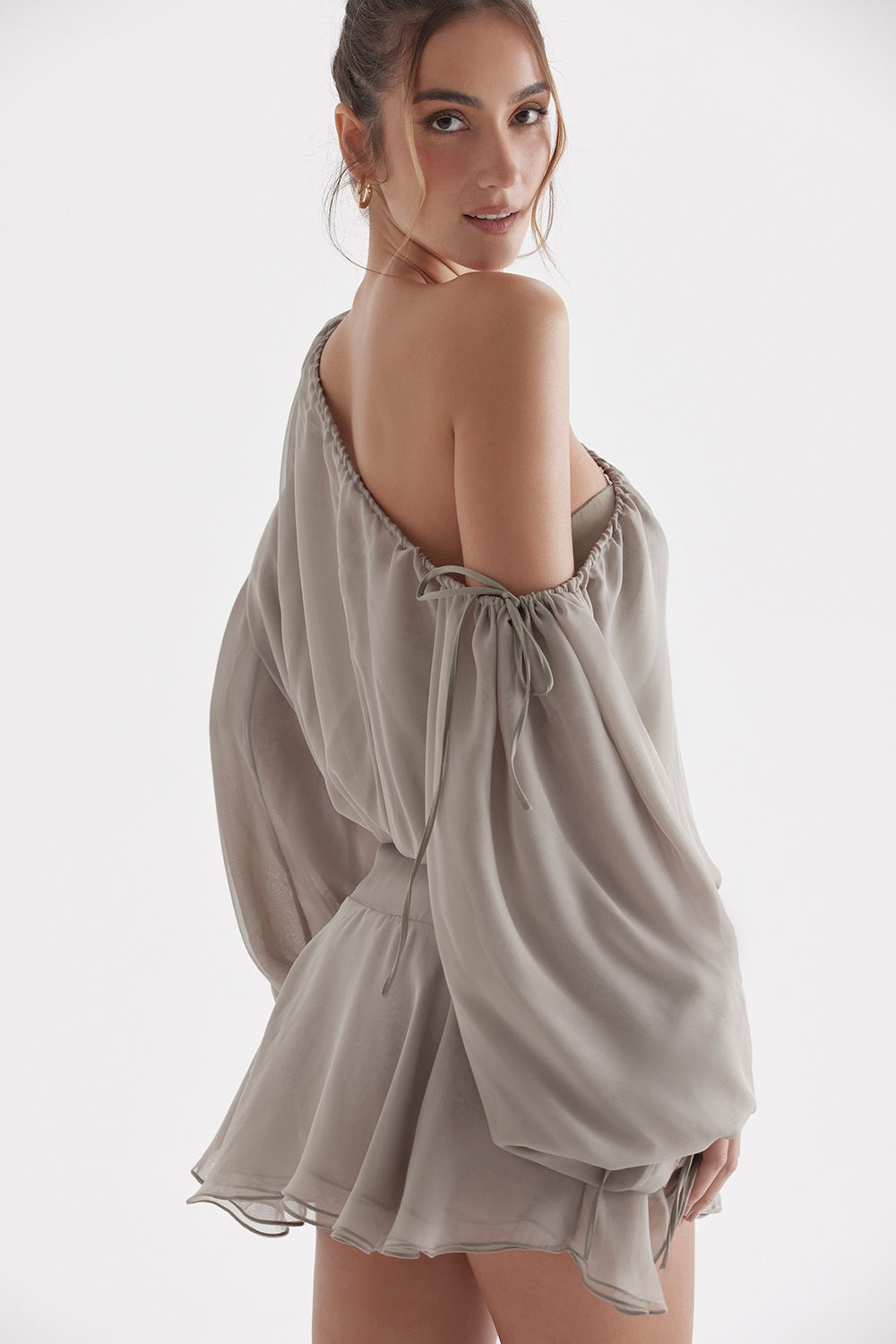 Wilhelmina-Ash Green Off Shoulder Dress