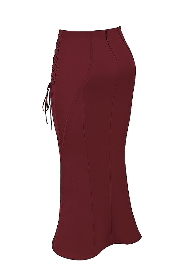 Sidonie-Wine Satin Lace Up Midi Skirt