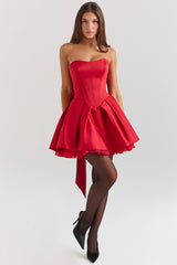 Salome-Holly Red Satin Detachable Bow Mini Dress