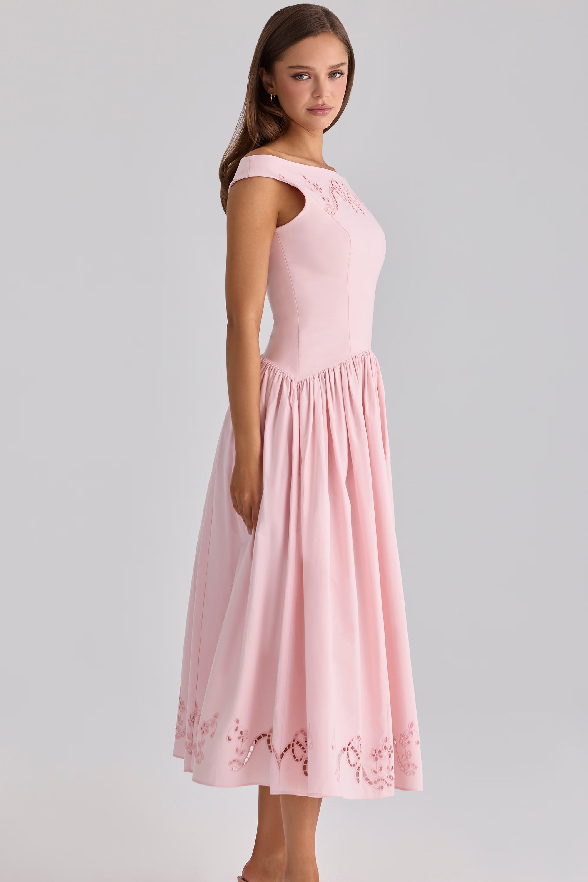 pink cotton broderie anglaise boat neck maxi dress