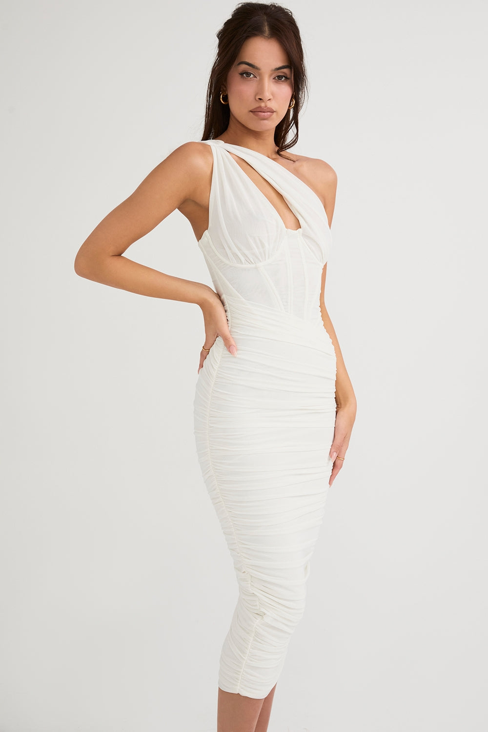 Valentina-Ivory Asymmetric Cutout Midi Dress
