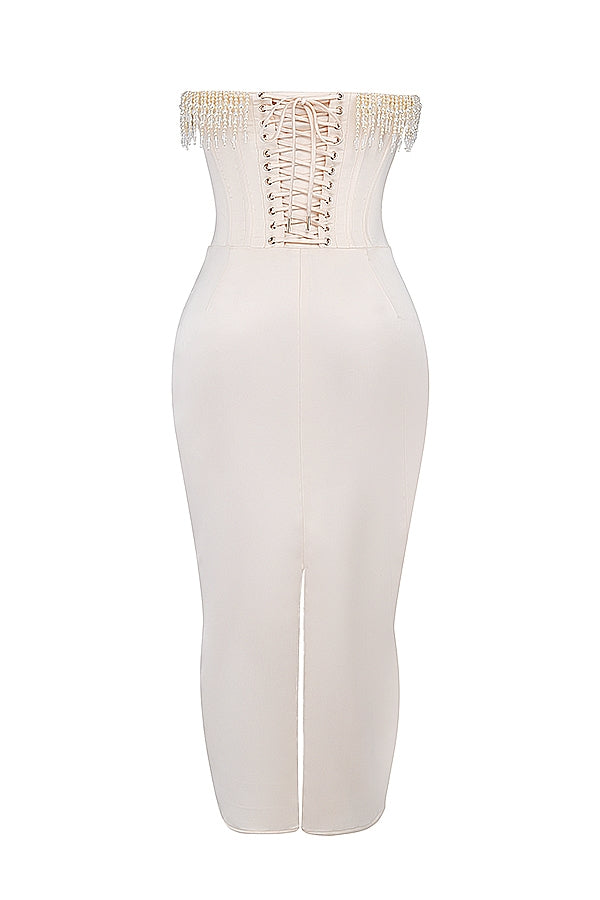 Nalita-Vintage Cream Embellished Strapless Dress