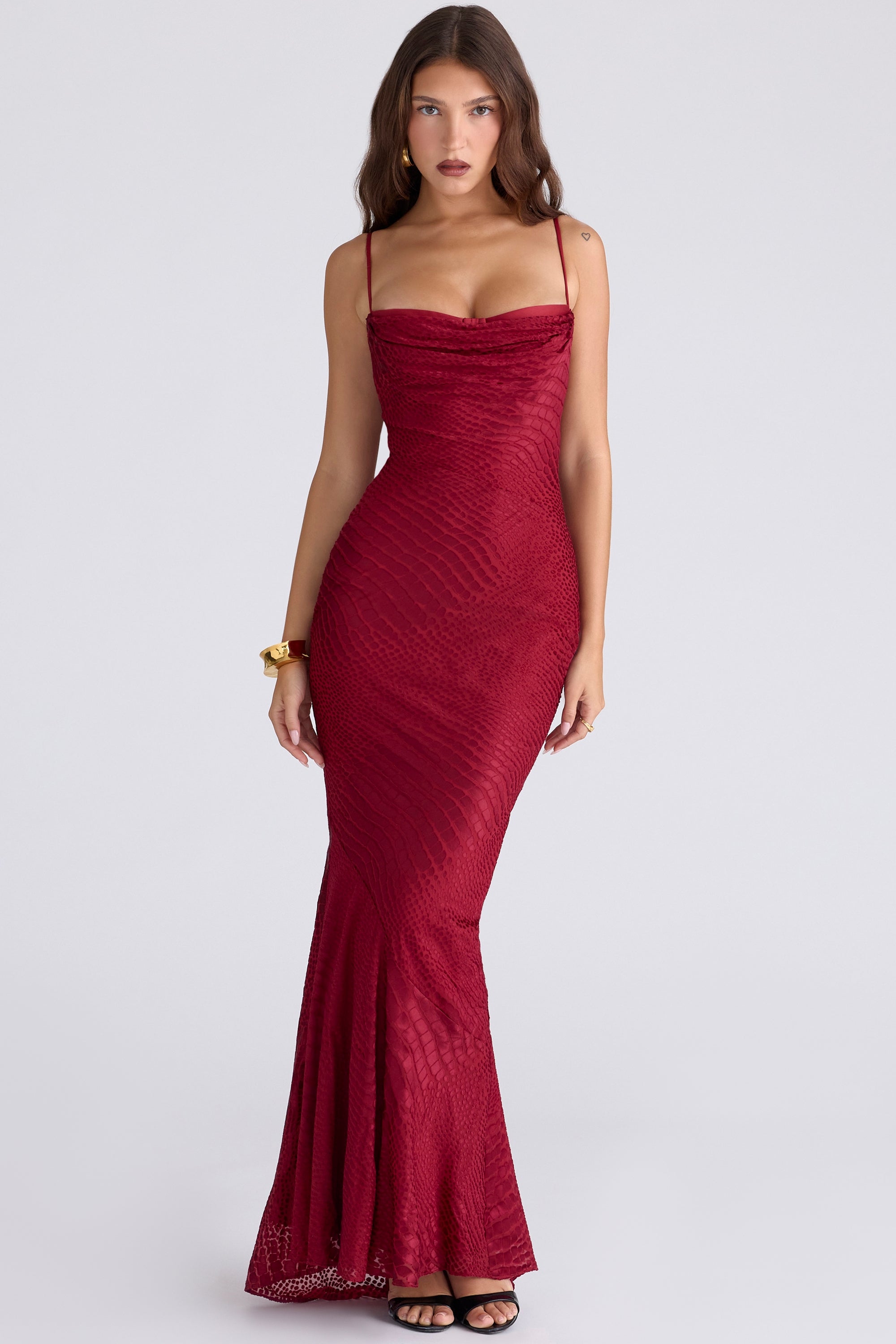 Nalani-Deep Red Devoré Satin Maxi Gown - Limited Edition