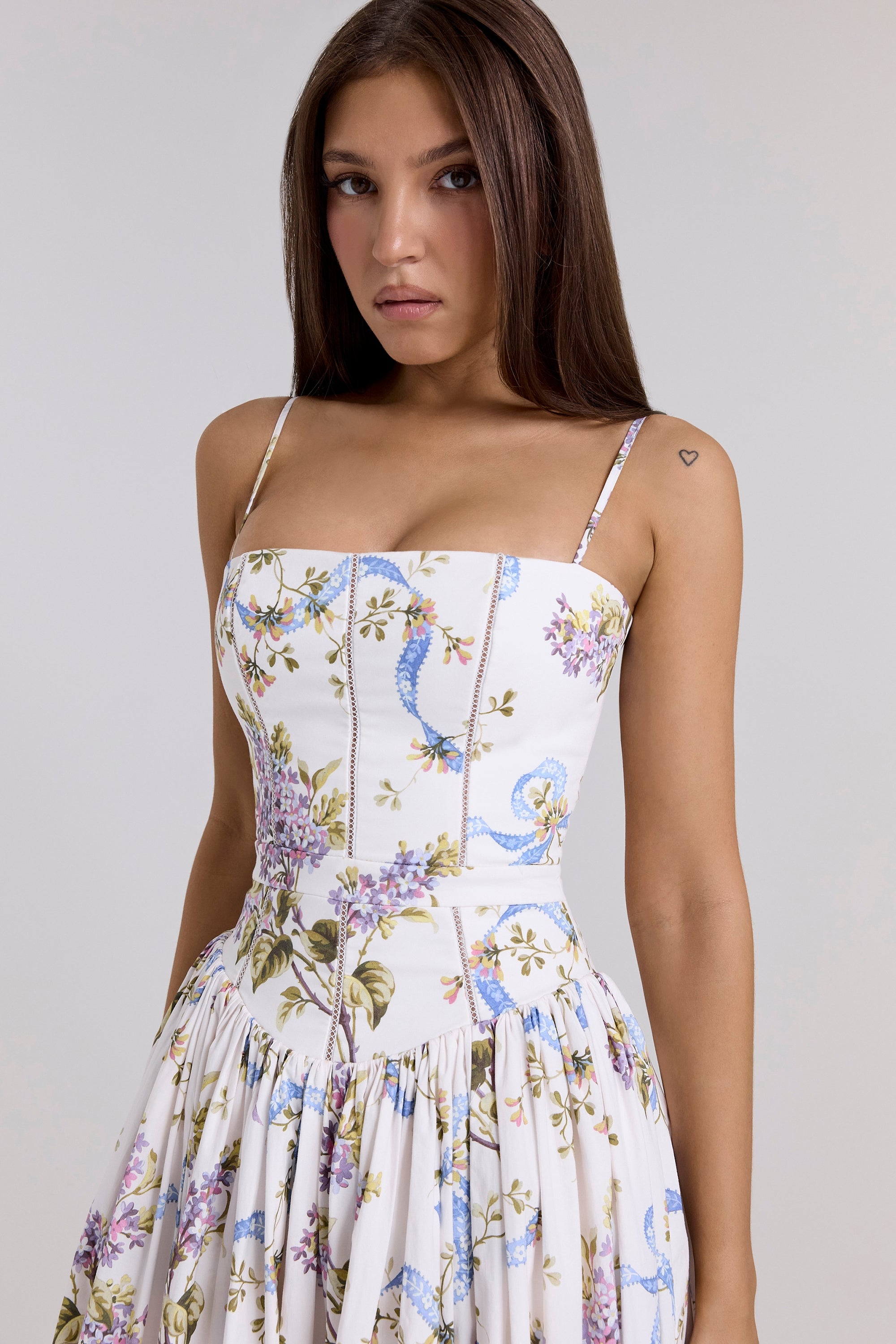Ysabella-Off White Vintage Ribbon Print Cotton Midi Sundress