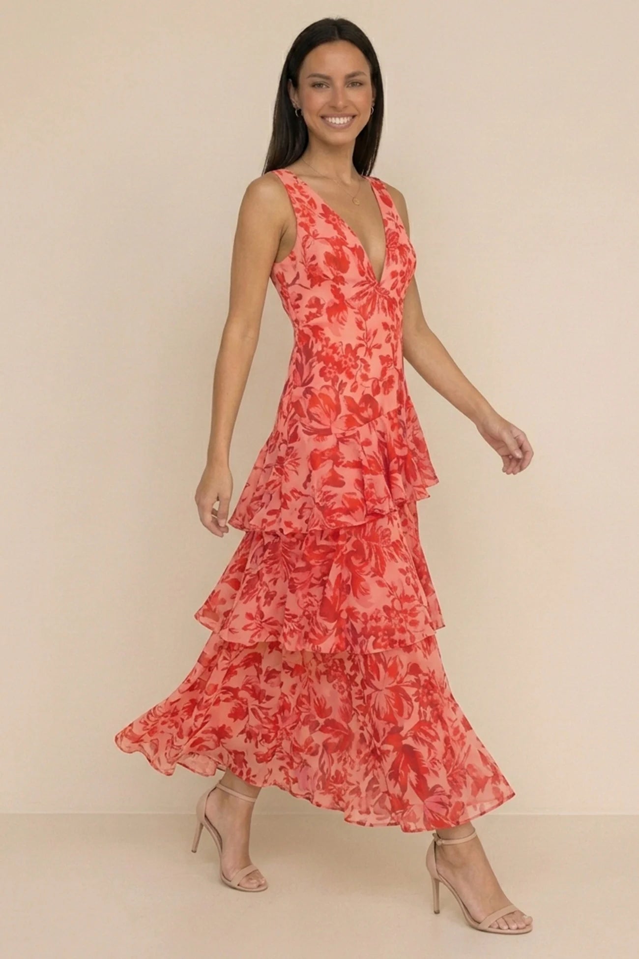 Floral Print Tie-up Back Chiffon Tiered Dress