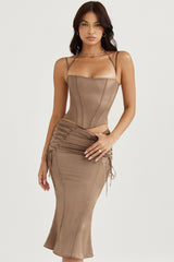 Sidonie-Latte Satin Lace Up Midi Skirt