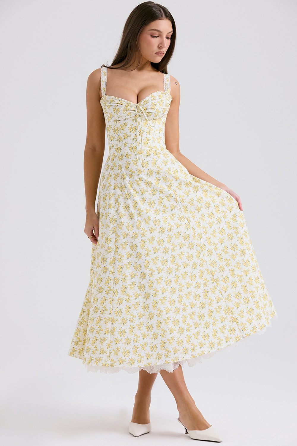 Rosalee-White Vintage Floral Print Cotton Bustier Sundress