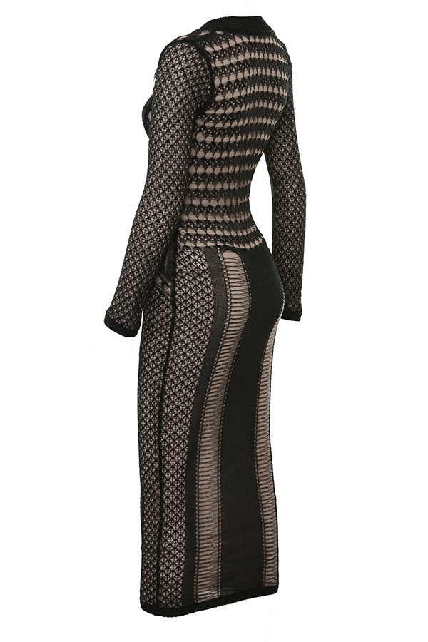 Loula-Black Plunge Open Knit Midi Dress - SALE