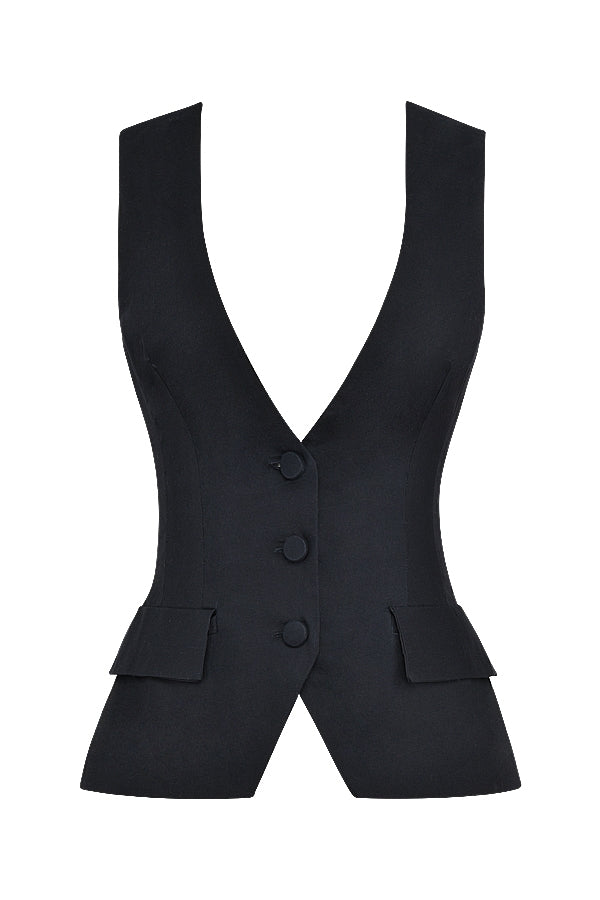 Juliet-Black Sleeveless Tuxedo Top