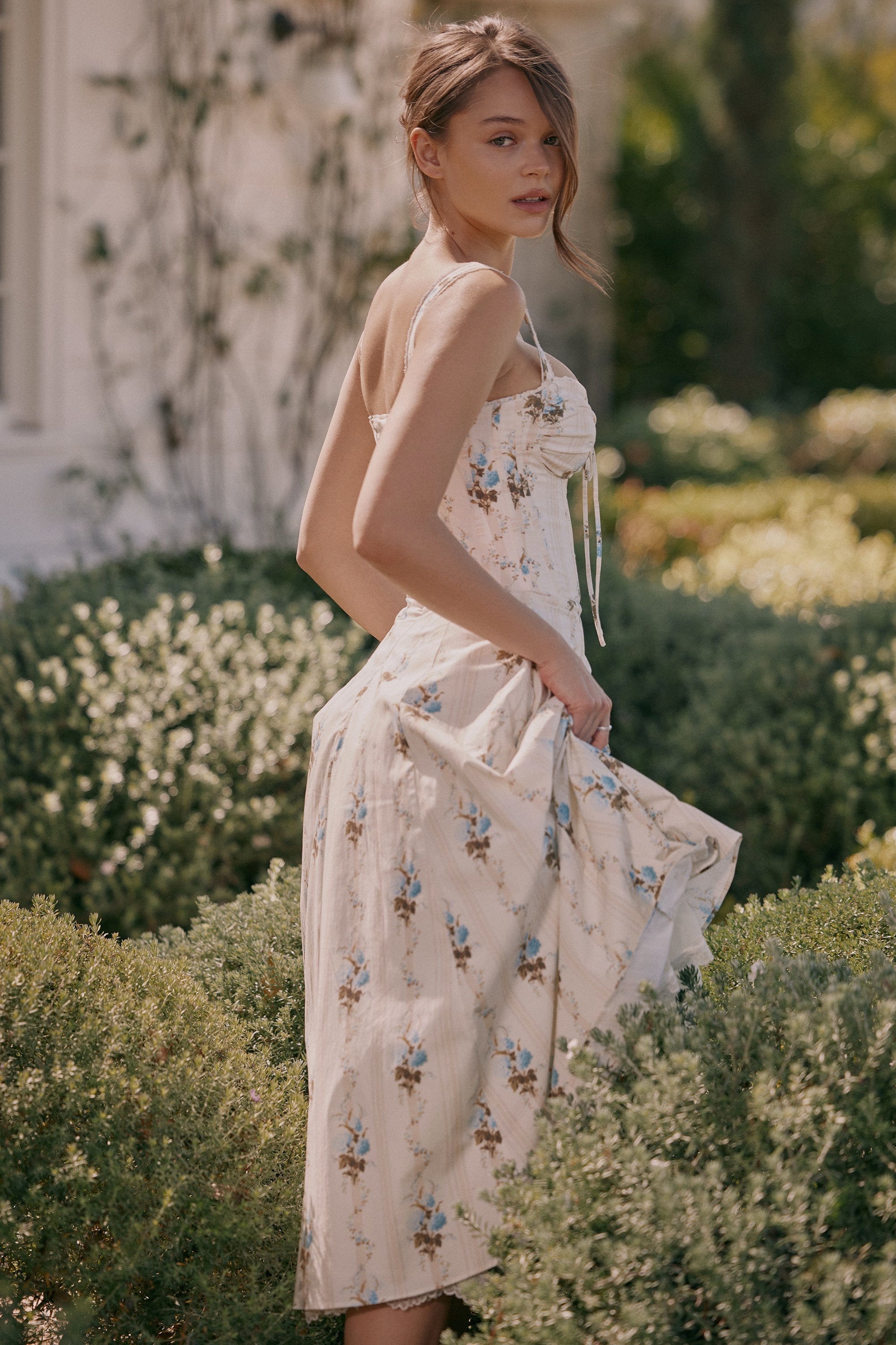 Rosalee-Cream Floral Print Cotton Corset Midi Dress