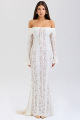 Belle-Vintage Cream Floral Lace Off Shoulder Maxi Dress
