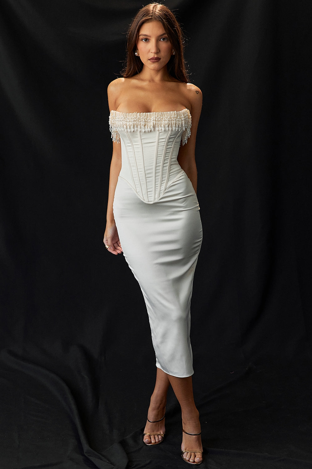 Nalita-Vintage Cream Embellished Strapless Dress