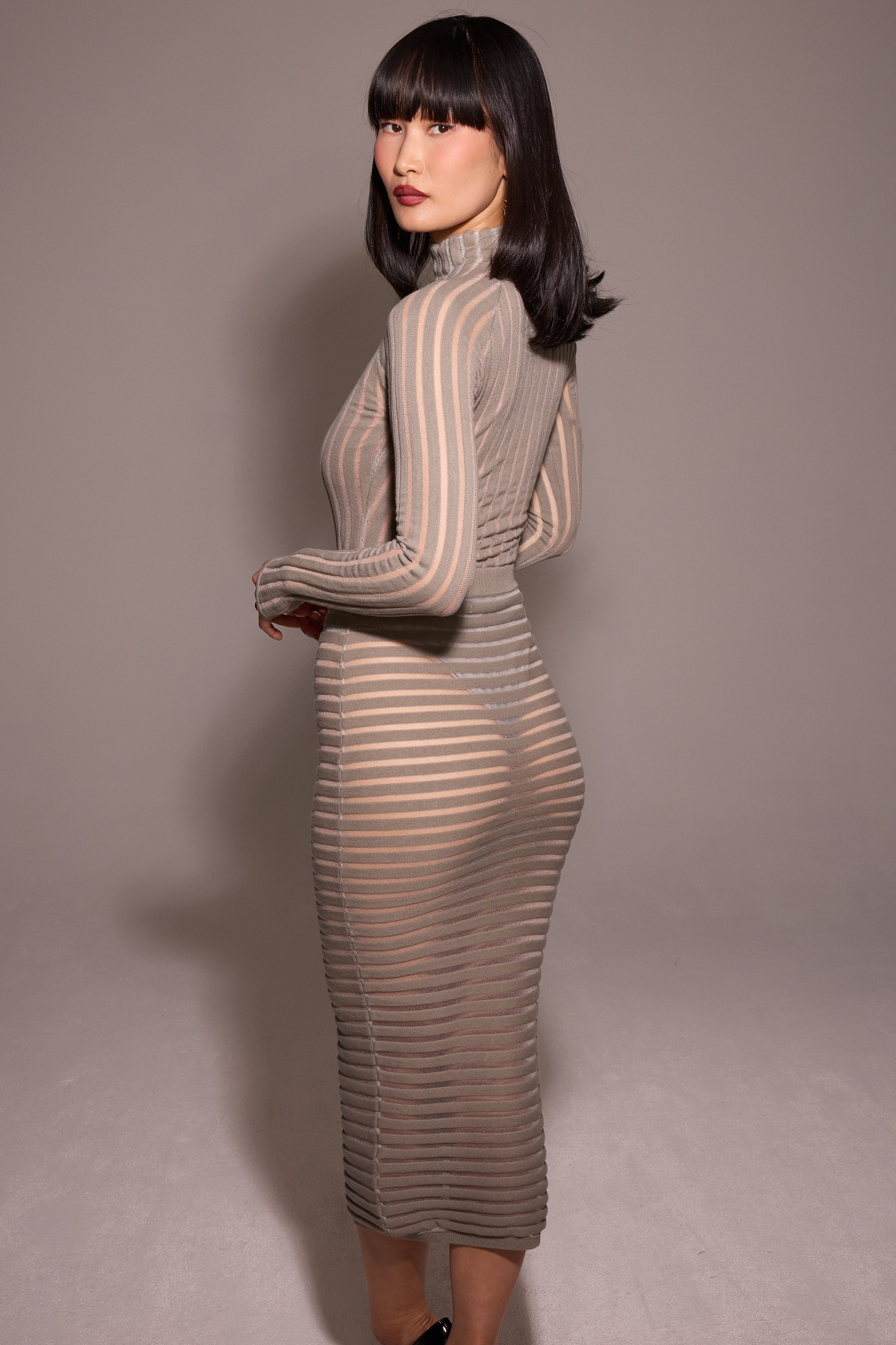 Margo-Grey Velour Sheer Striped Midi Skirt