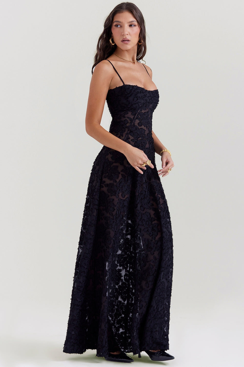 Seren-Black Floral Lace Back Maxi Dress