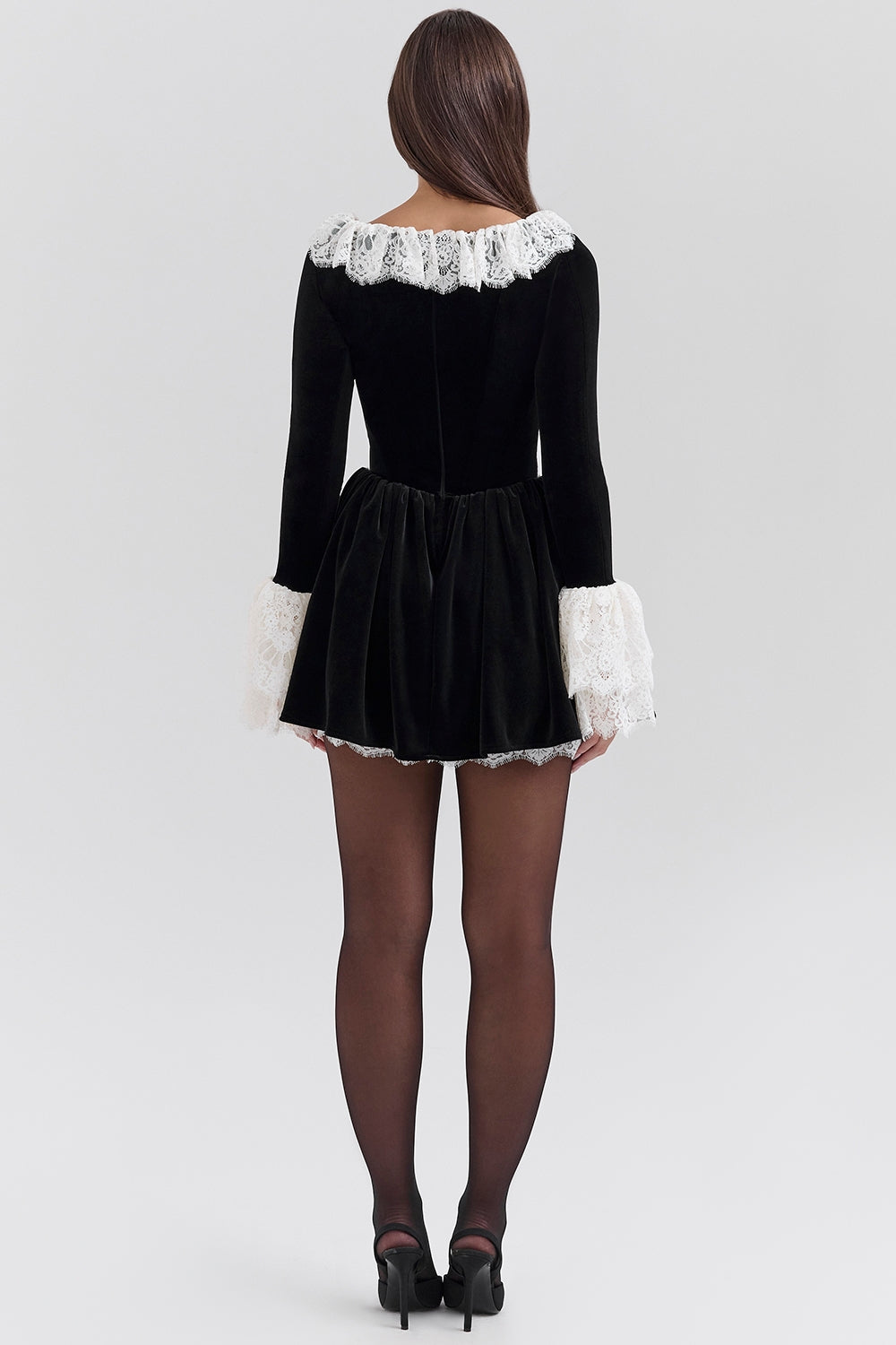 Czarina-Black Velvet Lace Trimmed Mini Dress - SALE