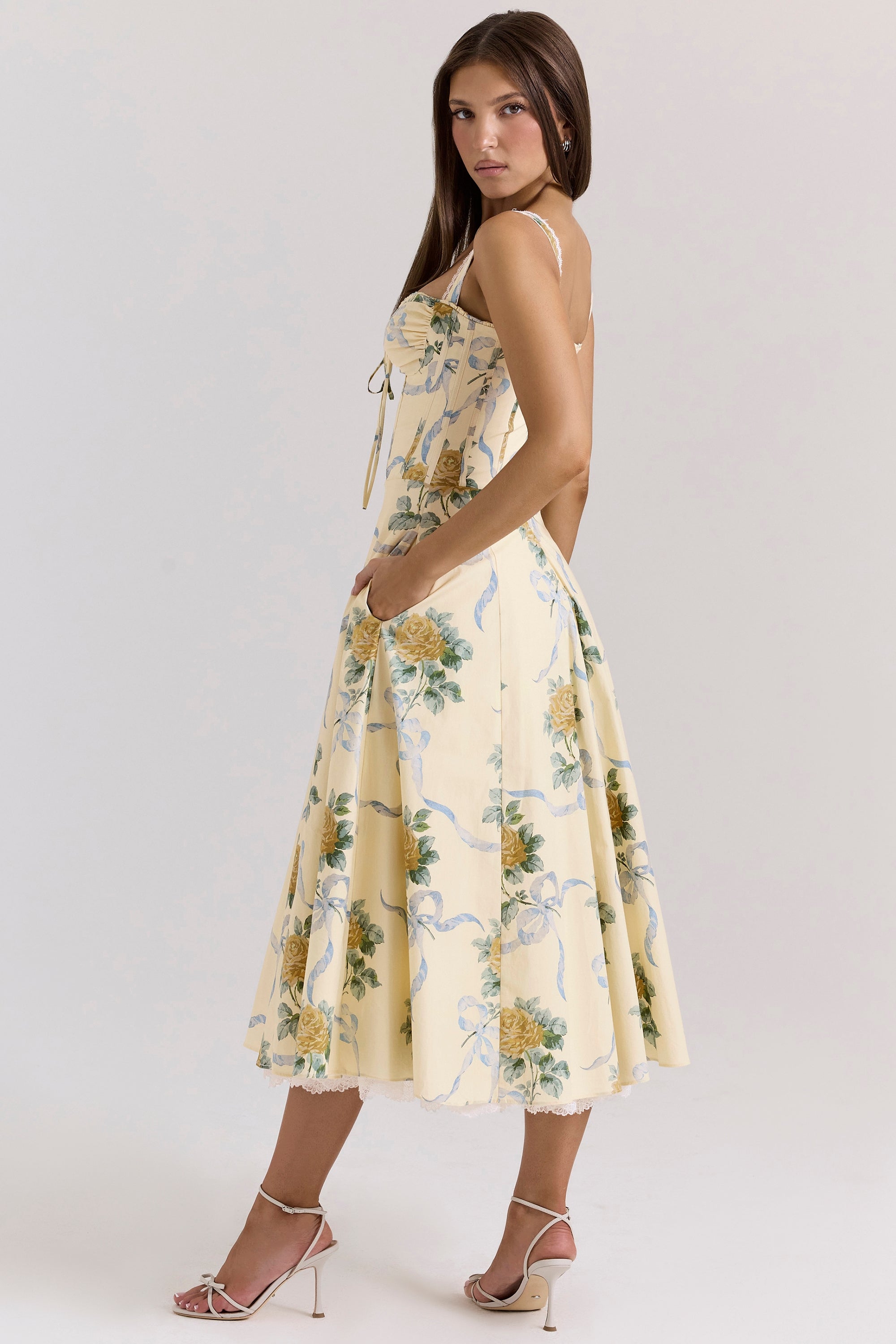 Rosalee-Lemon Vintage Ribbon Print Cotton Midi Dress