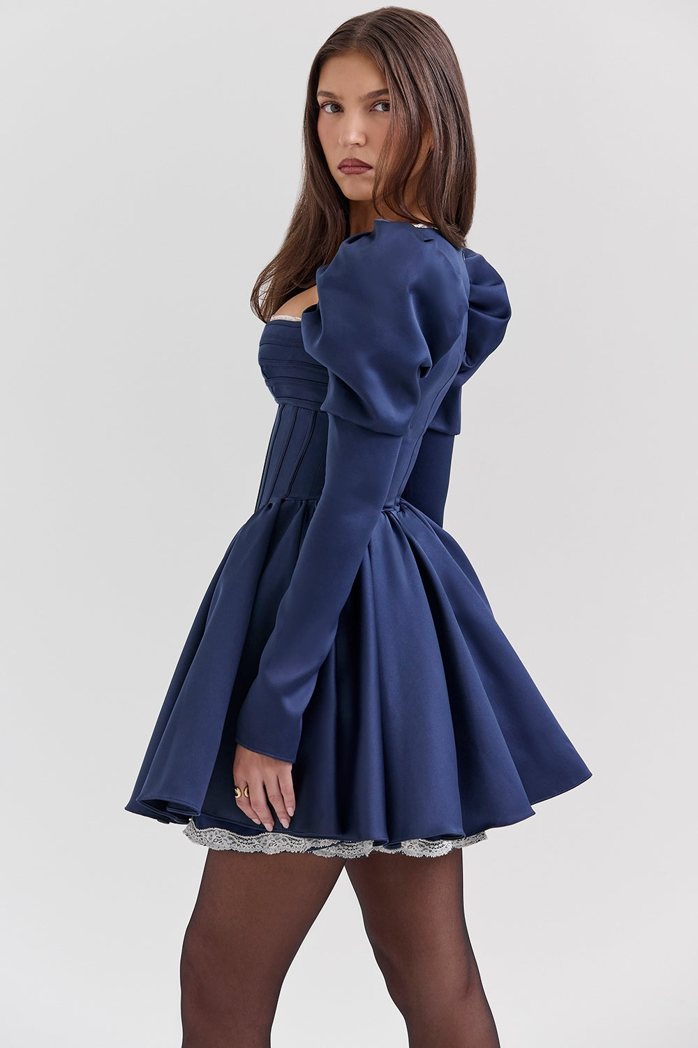 Venetia-Midnight Satin Puff Sleeve Mini Dress - SALE