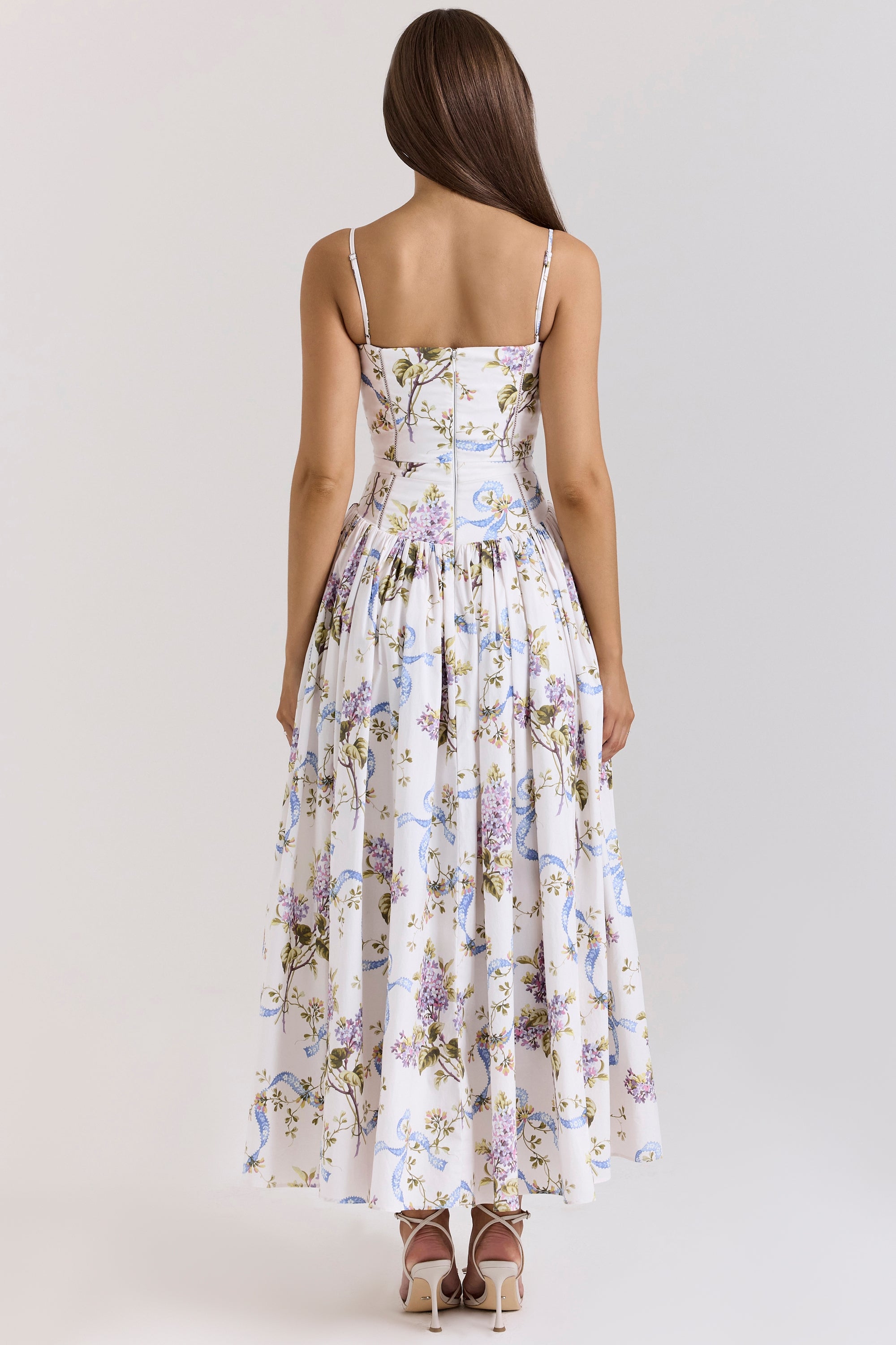 Ysabella-Off White Vintage Ribbon Print Cotton Midi Sundress