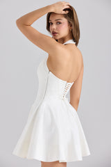 Sasha-White Stretch Cotton Halter Neck Mini Dress