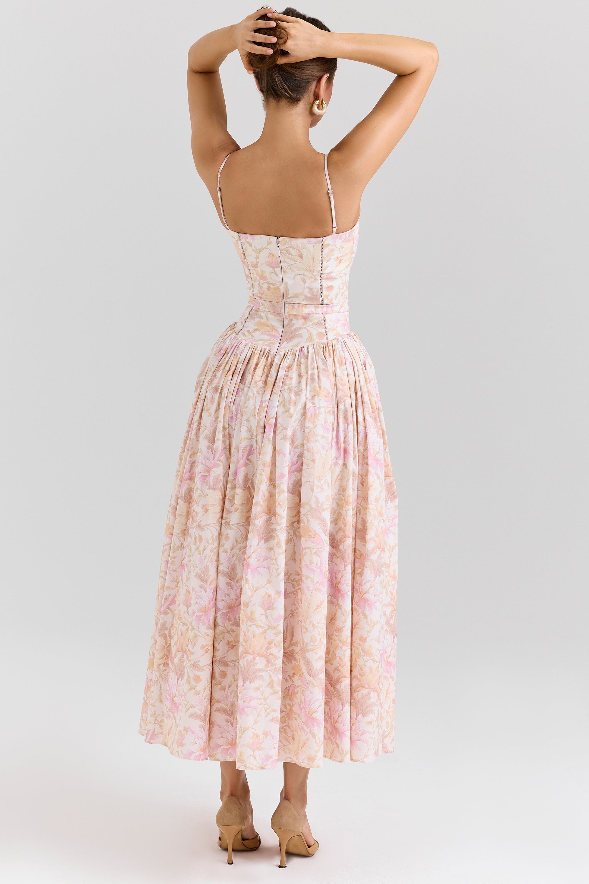 Ysabella-Peach Floral Print Stretch Cotton Midi Sundress