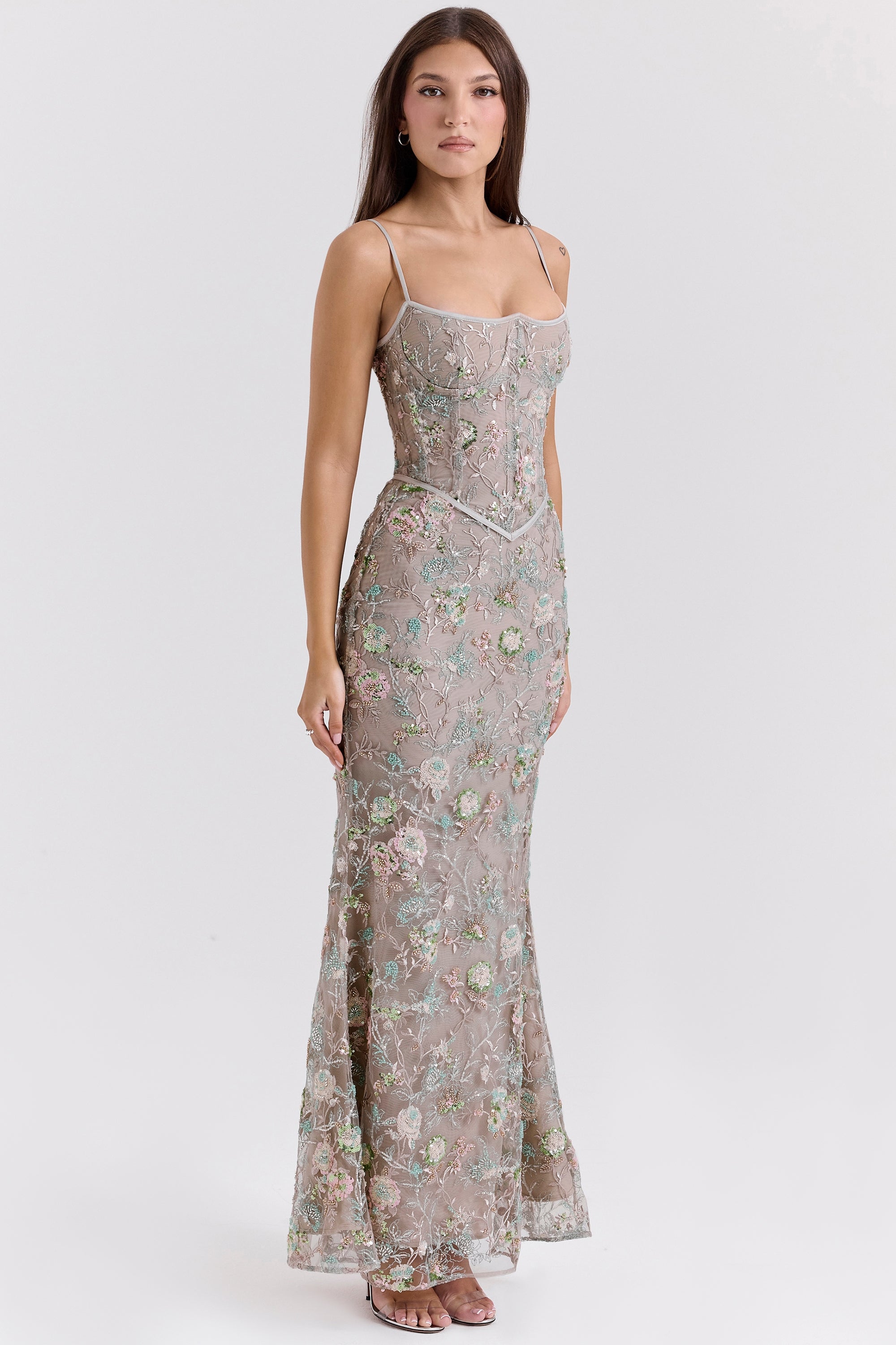 Naima-Silver Embellished Beaded Corset Maxi Dress