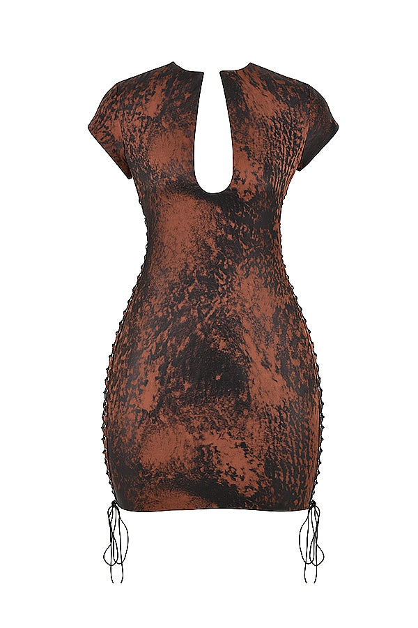 Daphne-Antique Copper Lace up Mini Dress