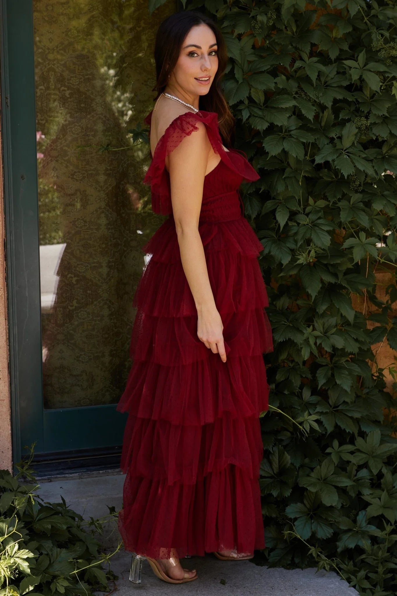 Valora Swiss Dot Tulle Maxi Dress | Wine
