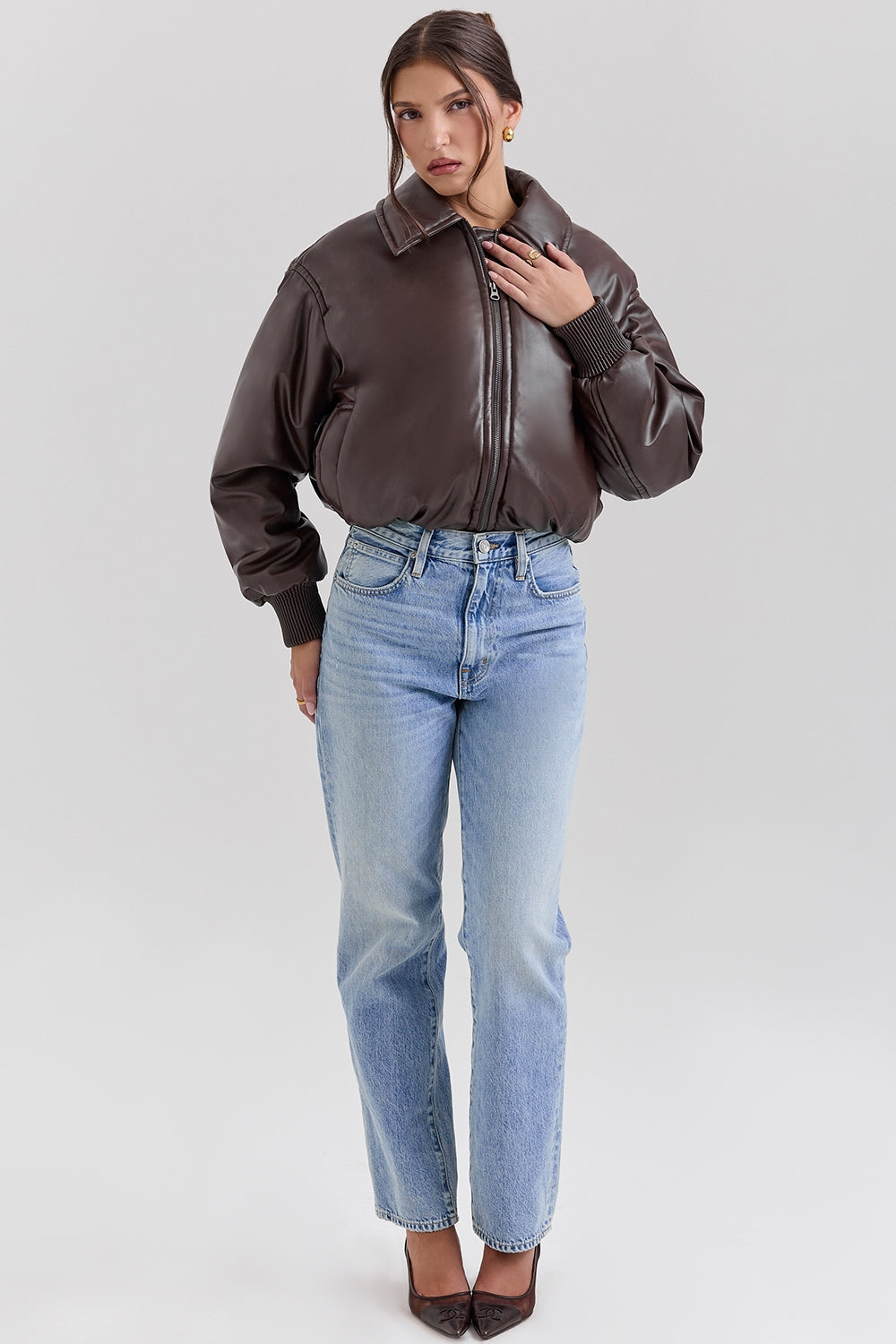 Sante-Dark Brown Vegan Leather Bomber Jacket