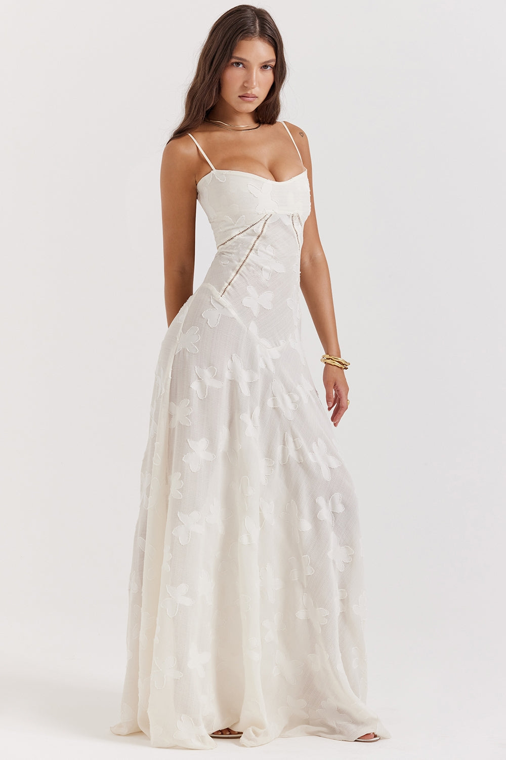 Seren-Vintage Cream Floral Lace Back Maxi Dress