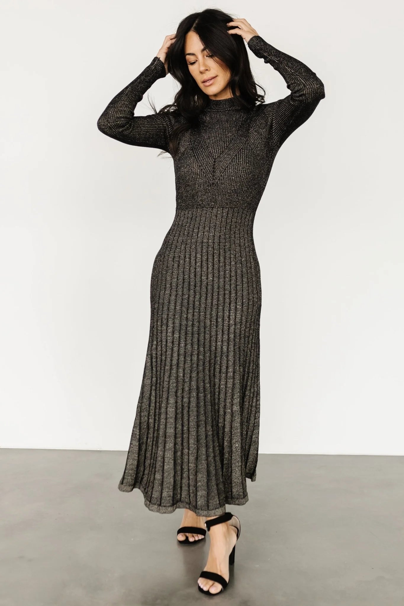 Jamelia Pleated Sweater Dress | Black + Gold