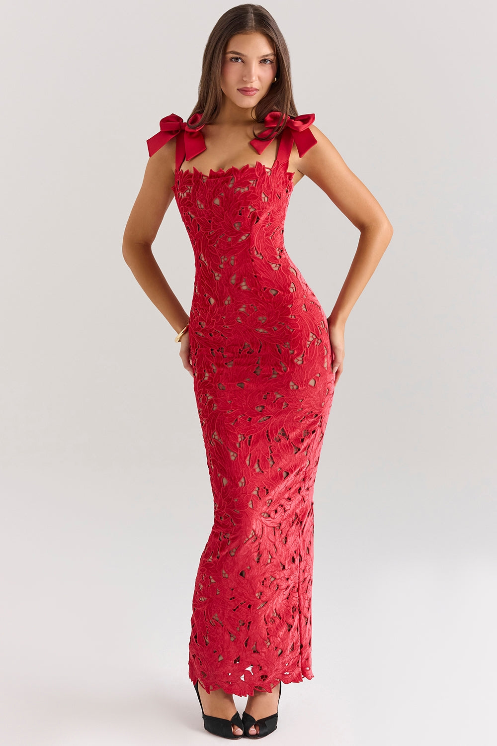 Tiff-Holly Red Velvet Lace Maxi Dress