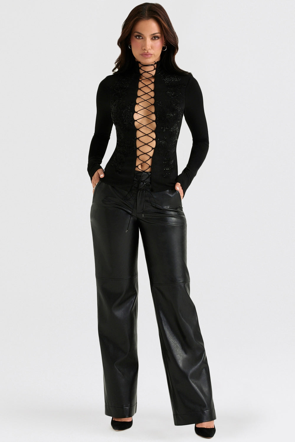 Lori-Black Crystallised Lace Up Top