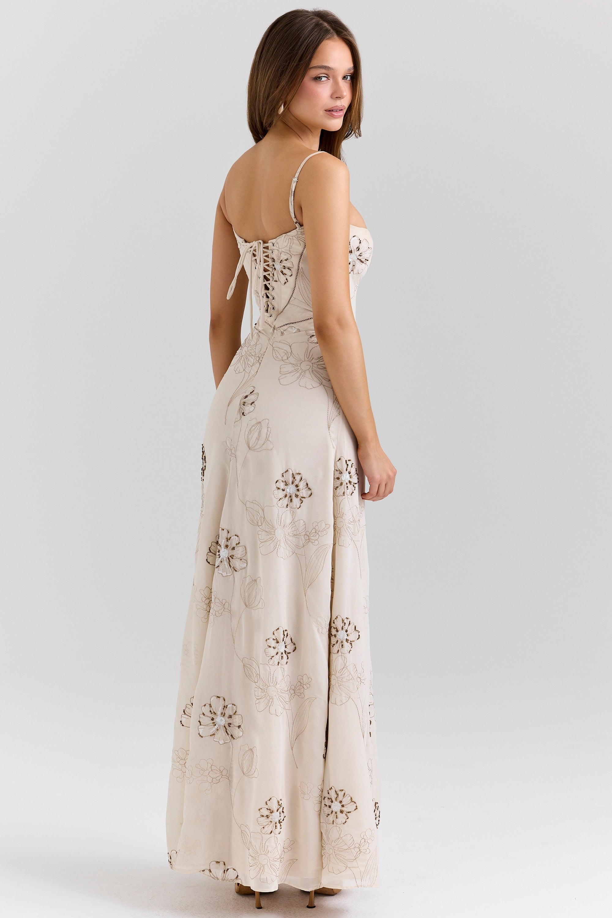 Seren-Vanilla Embroidered Hand Beaded Floral Maxi Dress