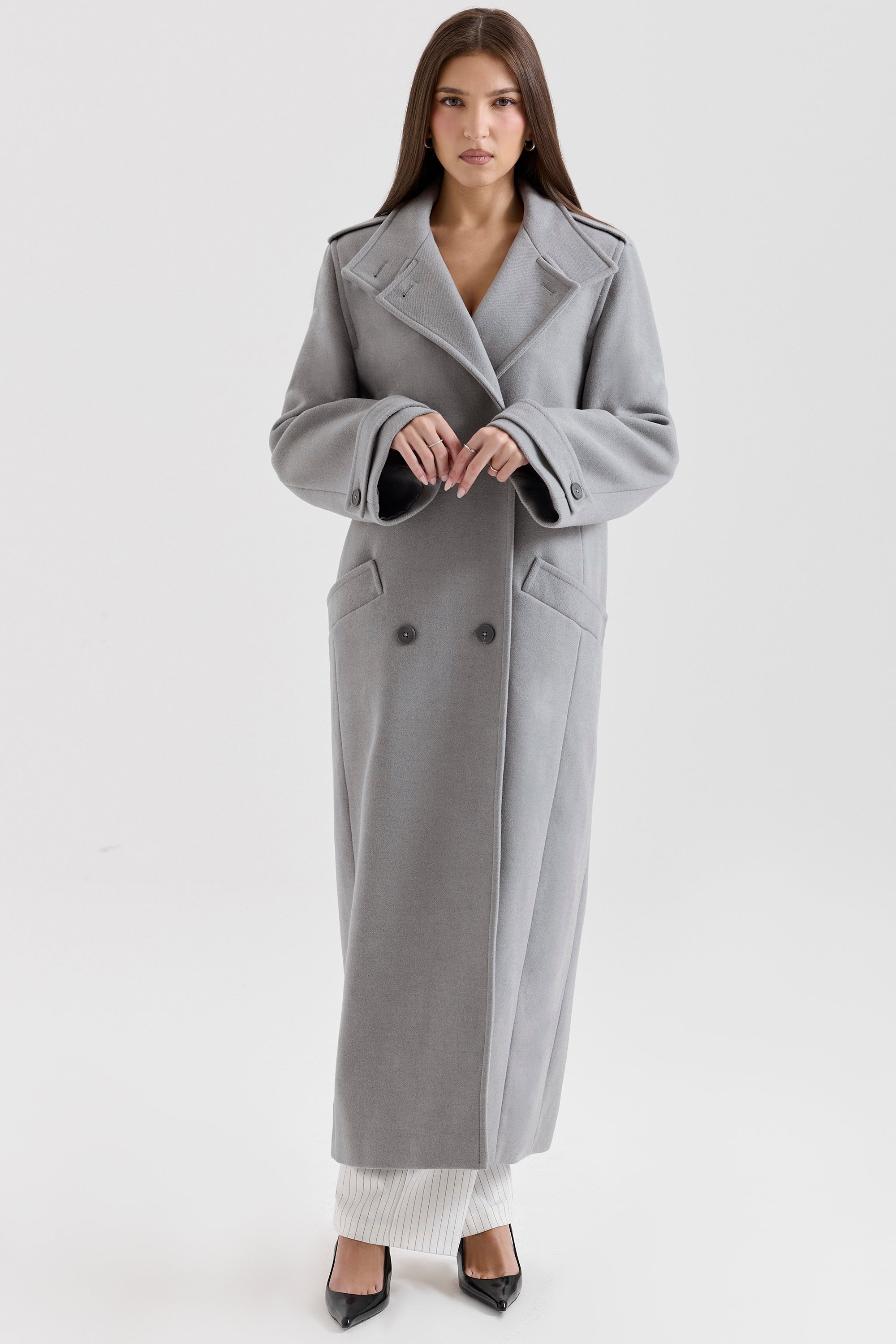 Sander-Grey Double Breasted Funnel Neck Coat