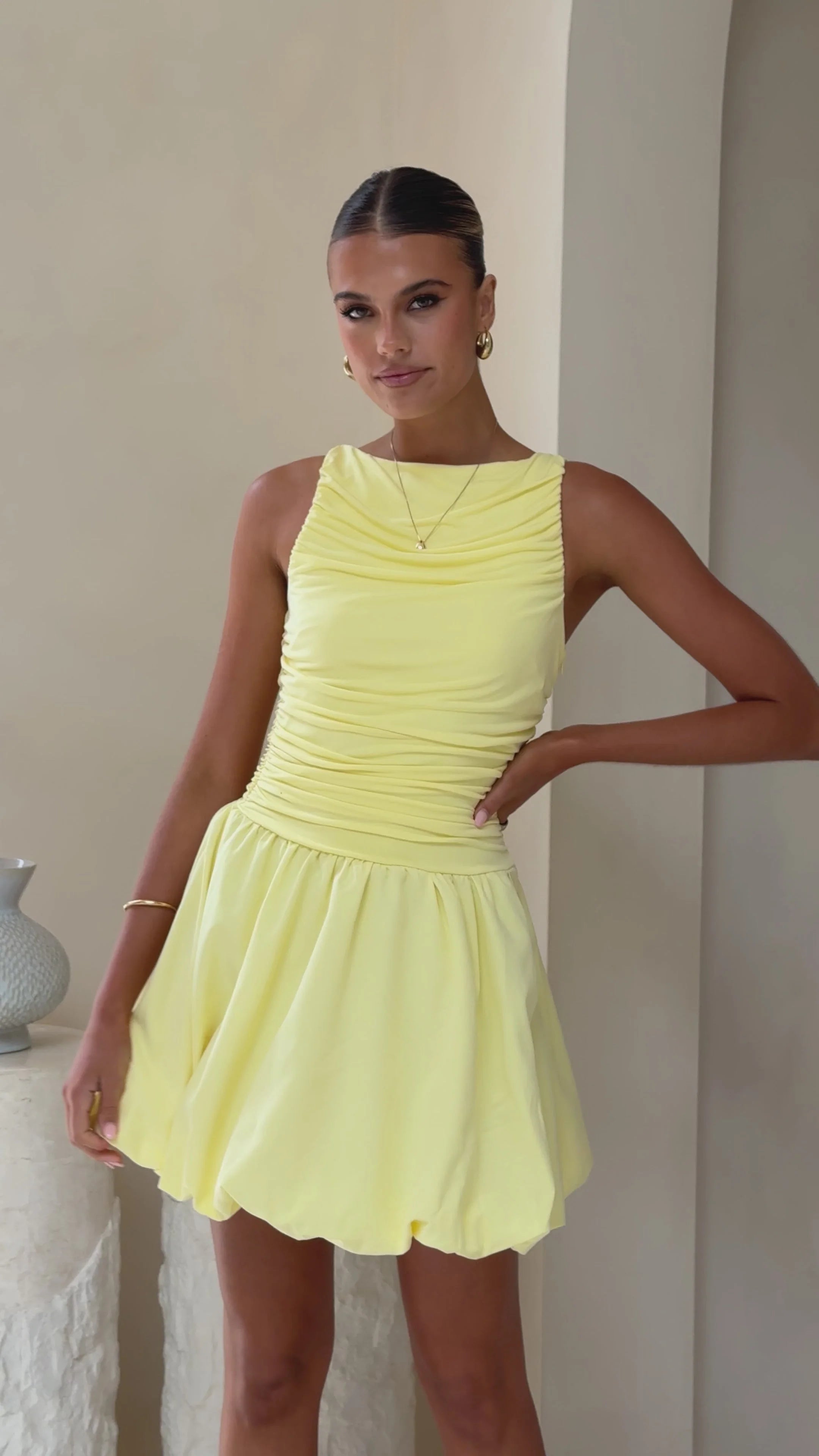 Meera Boat Neck Mini Dress - Lemon