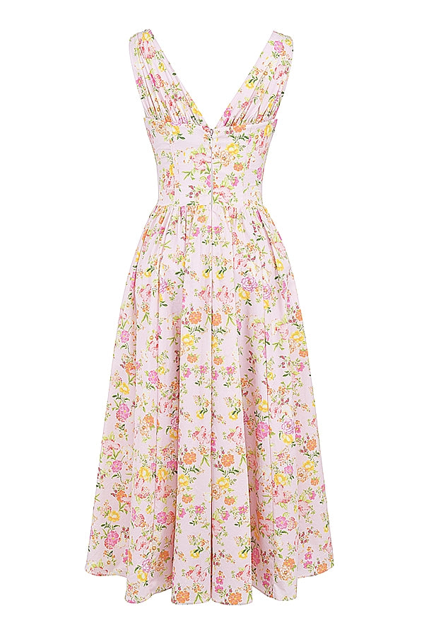 Emmelina-Pink Meadow Print Cotton Corset Sundress