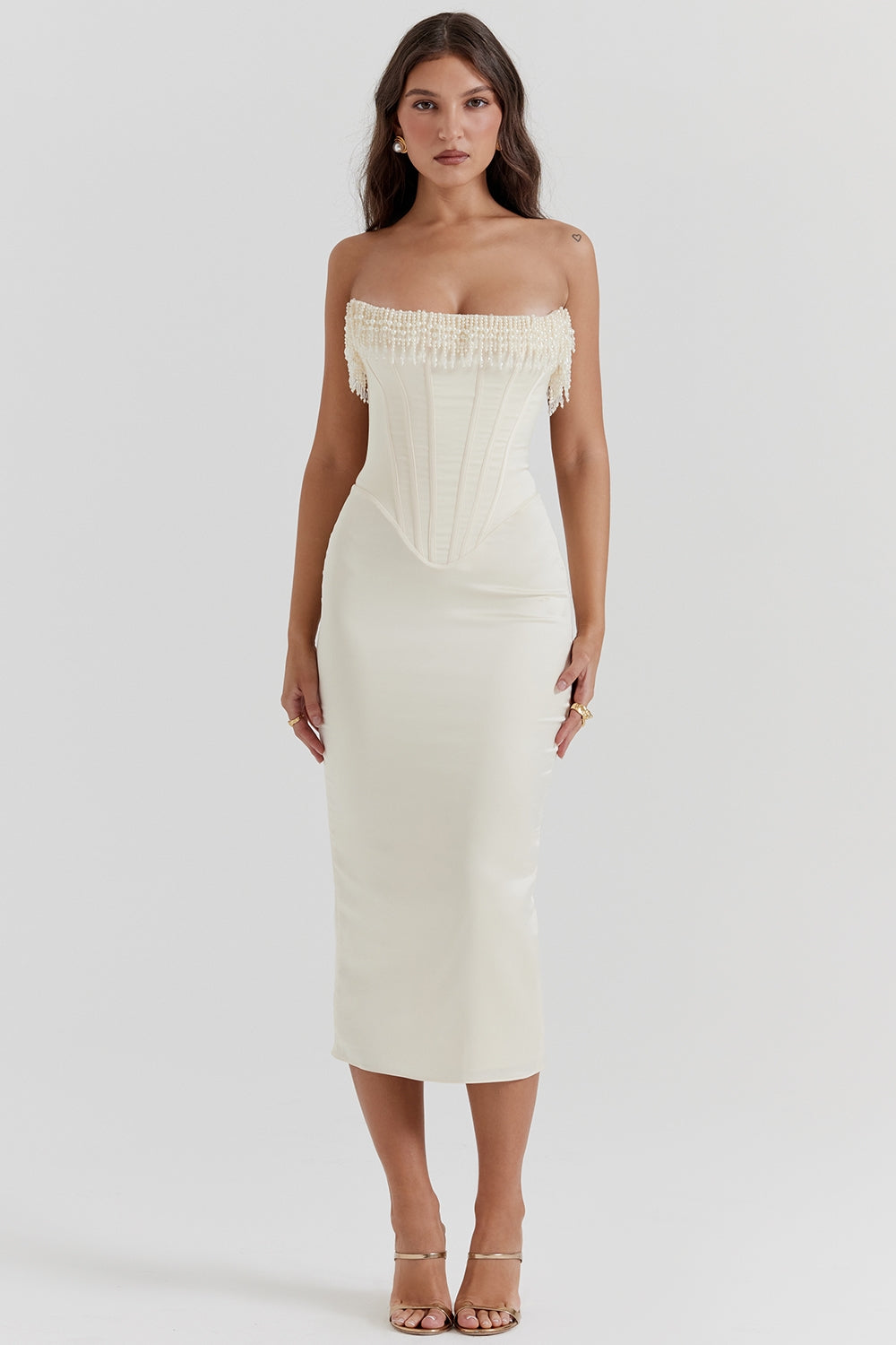 Nalita-Vintage Cream Embellished Strapless Dress