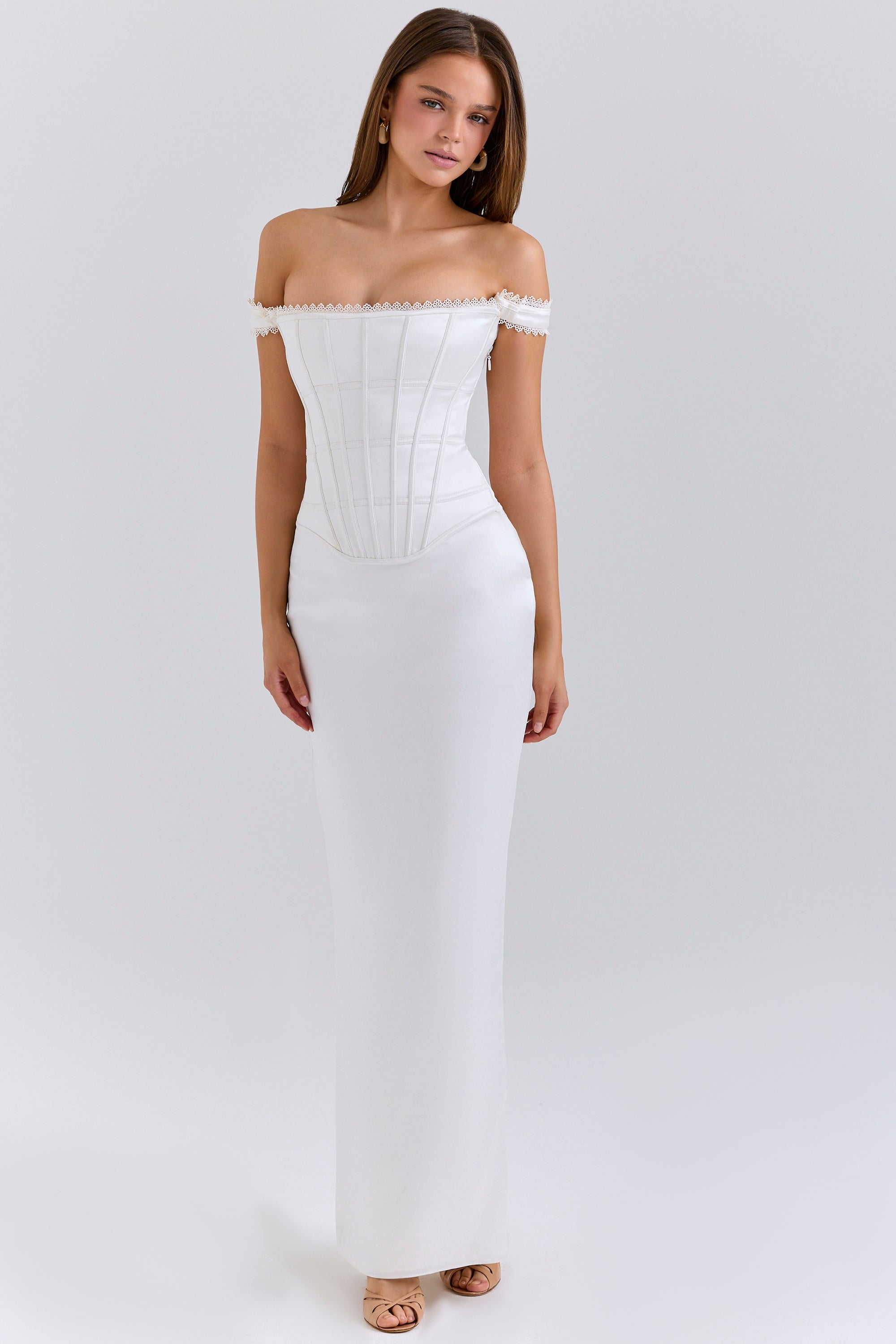 Isis-Ivory Satin Corset Maxi Dress