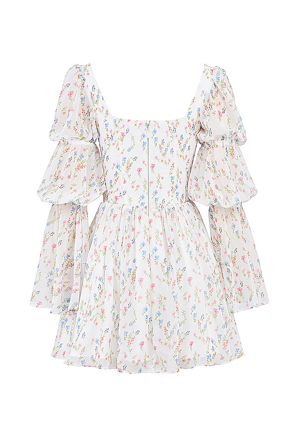 Sancia-White Posy Print Puff Sleeve Mini Dress